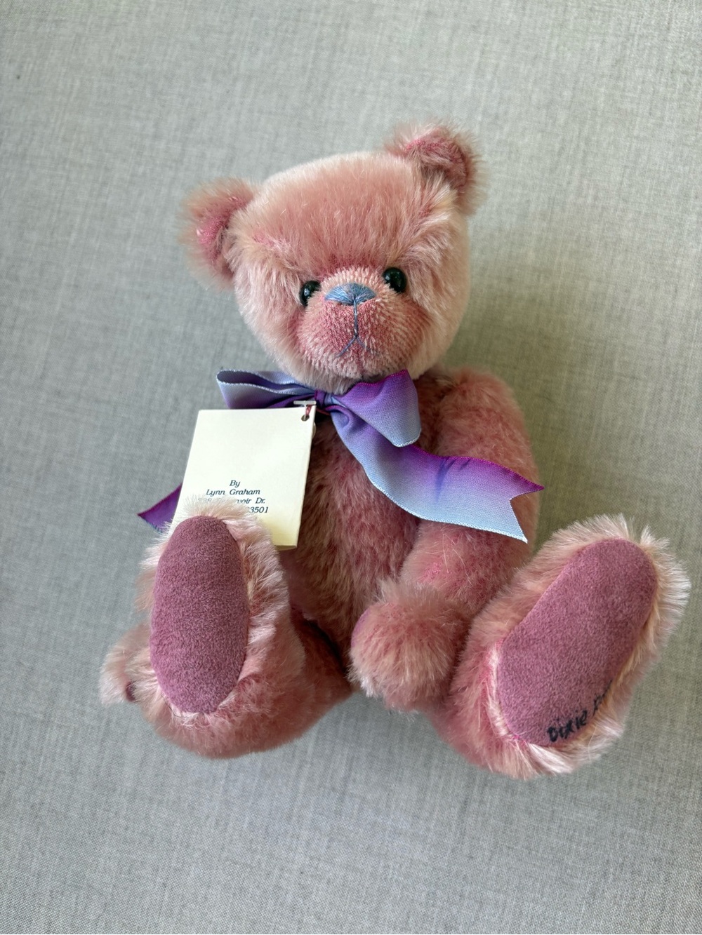 Vintage Pink German Mohair Teddy with Purple Ribbon